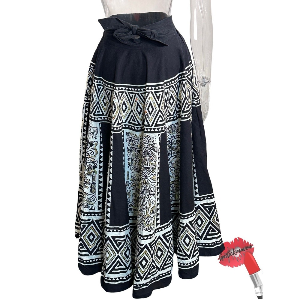 Vintage Cache Circle‎ Skirt Women One Size Black White Sequins Flare Midi Tie On